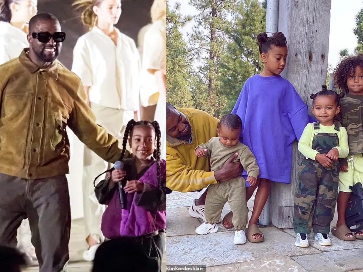 Kanye West performs on stage with his four kids