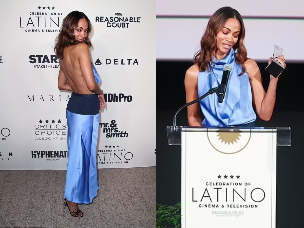 Zoe Saldana stuns in blue backless satin gown at the Annual Celebration of Latino Cinema and Television